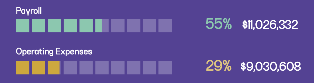 Graphic titled ‘Expenses, 2024–25’ showing expense distribution. Payroll accounts for 55 percent of expenses, totaling $11,026,332. Operating expenses account for 29 percent, totaling $9,030,608.