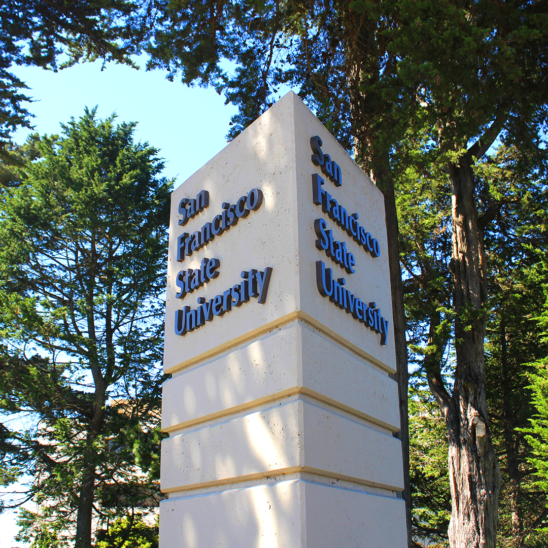 SF State sign and trees