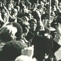 Crowd on campus lawn, one holding sign that reads, "AFL - CIO. responsible conservative labor supports black students + 3rd world," San Francisco State College strike, 1968 - 1969