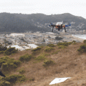 GIS student flying a mapping drone in an outdoor class, with an animation of a drone in the sky