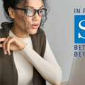 Woman takes online SHRM certification prep course. SHRM logo.