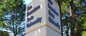 SF State sign with trees